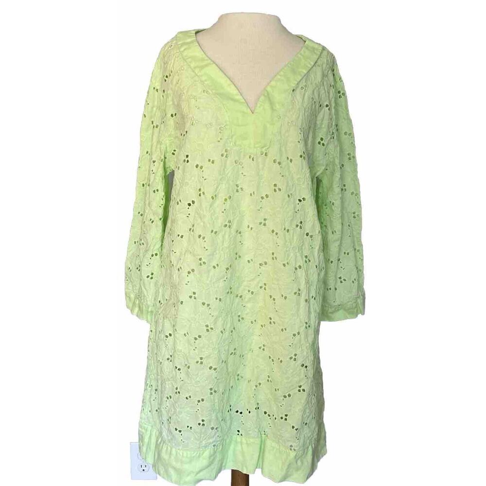 Fresh Produce Dress Sz LG Apple Green Eyelet 3/4 Sleeve V-Neck Cover Up Coastal